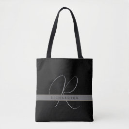 Bolsa Tote Chic Monograma Nome inicial Cinza de carvão preto