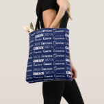 Bolsa Tote Chic Navy Blue Personalized Name Collage<br><div class="desc">Modern navy blue name collage allover tote bag decorated in nine different fonts customized with your name. Chic custom gift with cool typography in cursive text.</div>