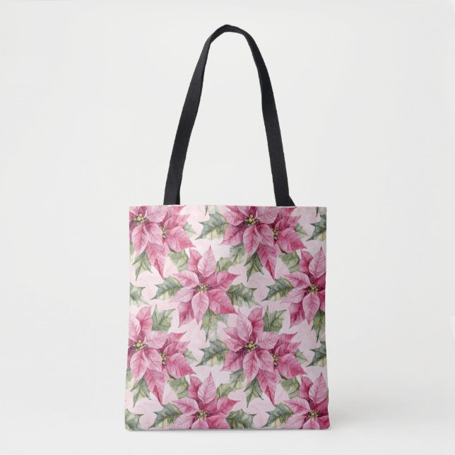Bolsa Tote Chic Pink Poinsettia Flowers Natal (Frente)