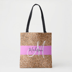 Bolsa Tote Chic Pink & Pumpkin Glitter Sparkles Nome do Monog