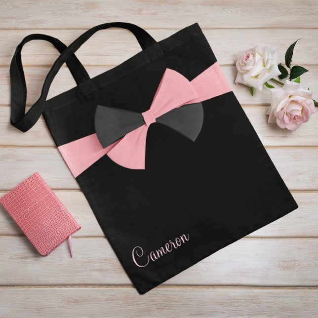 Bolsa Tote Chic Preto Feminina Simples com Fita Rosa Preta (Criador carregado)