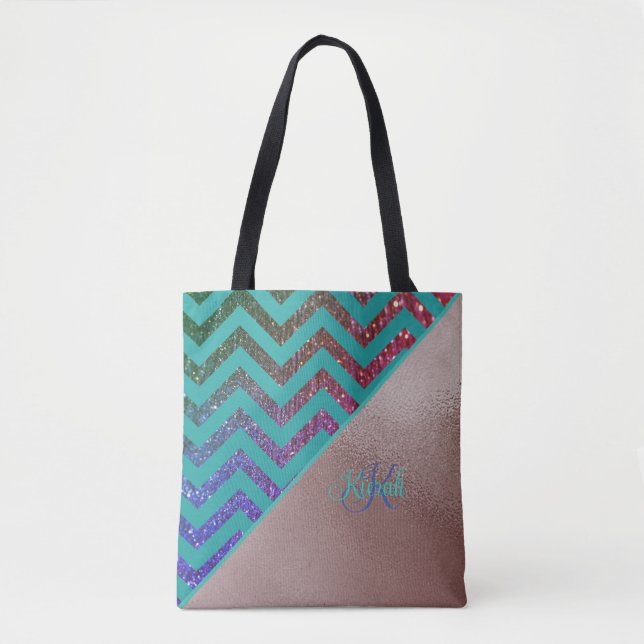 Bolsa Tote Chic Rosa Dourado Glittery Chevron Teal Green Name (Frente)