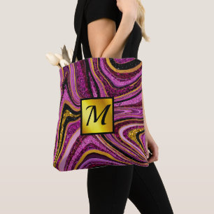 Bolsa Tote Chic Sparkle Glitter marble art pink gold monogram