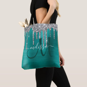 Bolsa Tote Chic Teal Bruted Metal Silver Glitter Drives Nome