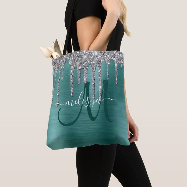 Bolsa Tote Chic Teal Bruted Metal Silver Glitter Drives Nome (Close Up)