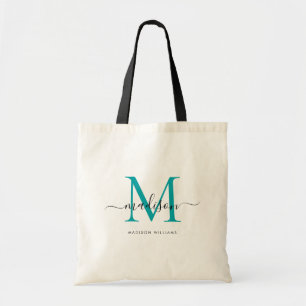 Bolsa Tote Chic Verde Teal Preto Monograma Inicial Script Nom