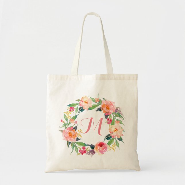 Bolsa Tote Chic Watercolor Floral Wreath Monograma (Frente)