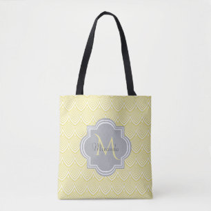 Bolsa Tote Chic Yellow Art Deco Scallops Cinza Monograma Nome