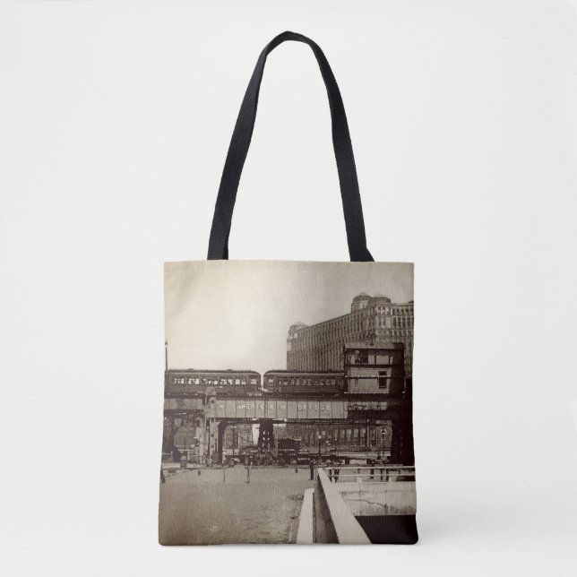 BOLSA TOTE CHICAGO MERCHANDISE MART TROLLEY TRAIN WATERCOLOR (Frente)