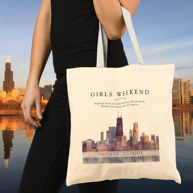 Bolsa Tote Chicago Skyline Watercolor Girls Weekend (Chicago Skyline Watercolor Girls Weekend Tote Bag)
