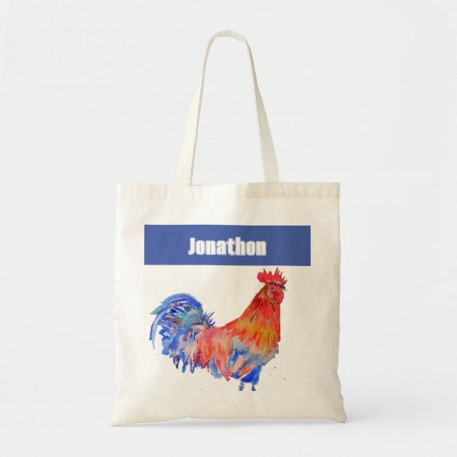 Bolsa Tote Chicken Rooster Bird Kids Boys Name Blue Red (Frente)