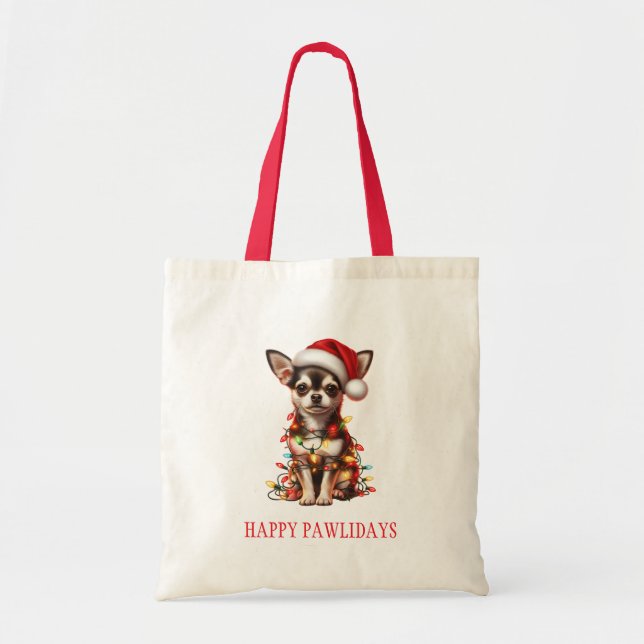 Bolsa Tote Chihuahua Dog emaranhado em luzes de Natal (Frente)