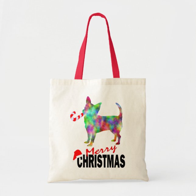 Bolsa Tote Chihuahua e Candy Cane Feliz Tote de Natal (Frente)