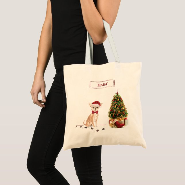 Bolsa Tote Chihuahua Engraçado Cachorro de Natal com Árvore (Frente (produto))