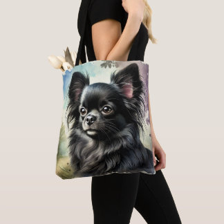 Bolsa Tote Chihuahua Preto de Cabelo Longo em Aquarela