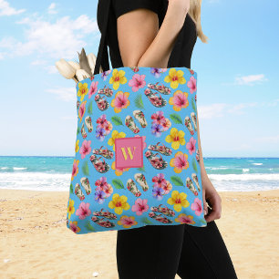 Bolsa Tote Chinelos de Hibuscus Tropicais Monograma Rosa