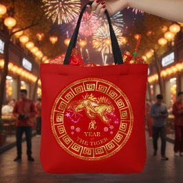 Bolsa Tote Chinês Zodiac Tiger Red/Dourado ID542
