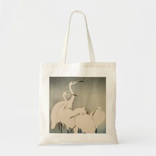 Bolsa Tote Chinoiserie Garça Branca Padrão de Neve de Inverno
