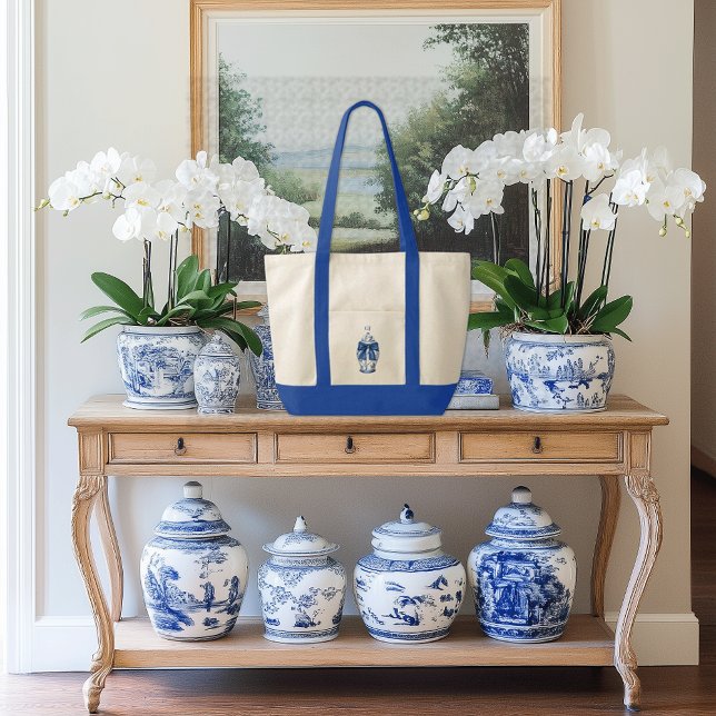 Bolsa Tote Chinoiserie Ginger Jar com Trilha de Contraste do  (Ginger Jar contrast trim boat tote bag with custom initials monogram)
