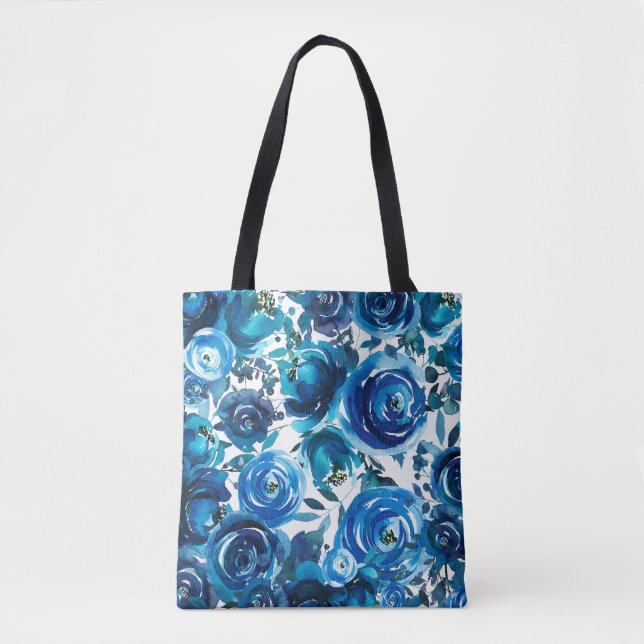 Bolsa Tote Chique Elegante Floral Azul Indigo (Frente)