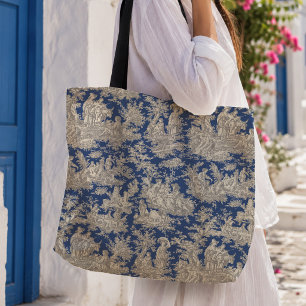 Bolsa Tote Chique estampa vintage azul escuro toile de jouy