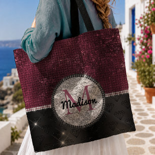 Bolsa Tote Chique lantejoulas prateadas falsas Burgundy Preto