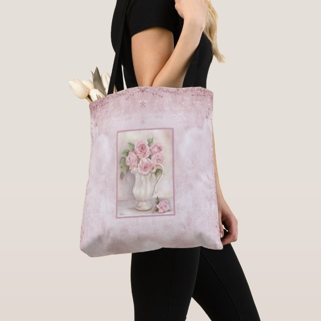 Bolsa Tote Chique Vintage Vase com Rosas (Close Up)