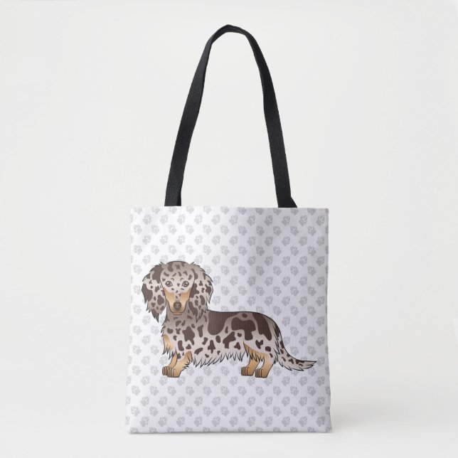 Bolsa Tote Chocolate e Tan Dapple Dachshund de Pelo Longo e P (Frente)