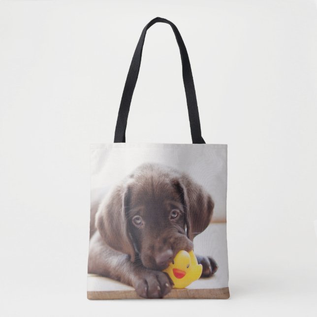 Bolsa Tote Chocolate Labrador Com Pato De Brinquedo (Frente)
