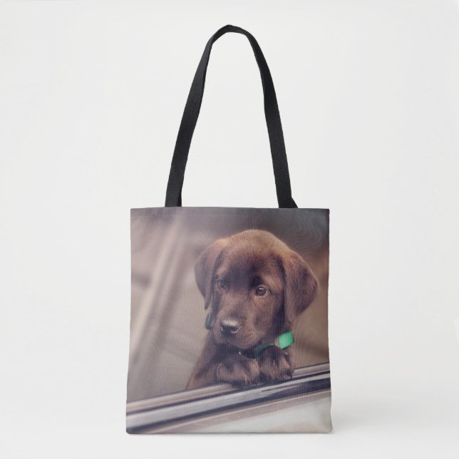 Bolsa Tote Chocolate Labrador Pupido No Carro (Frente)