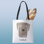 Bolsa Tote Chocolate Labrador Retriever Dog Personalizado<br><div class="desc">Brincadeira pintura aquarela de um cão Labrador de Chocolate giro,  perfeito para amantes de os animais. Alterar ou remover o nome a personalizar. Arte original de Nic Squirrell.</div>