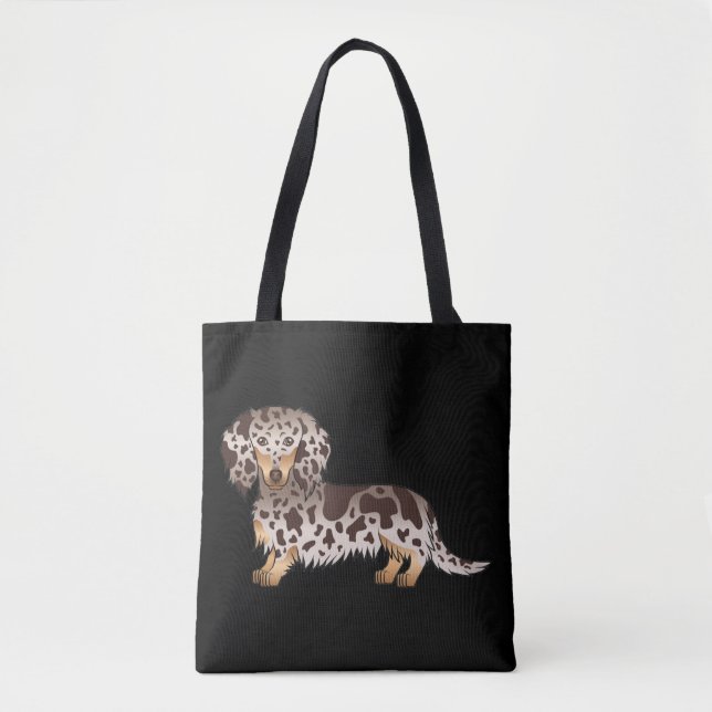Bolsa Tote Chocolate & Tan Dapple Dachshund de Pelo Longo - P (Frente)