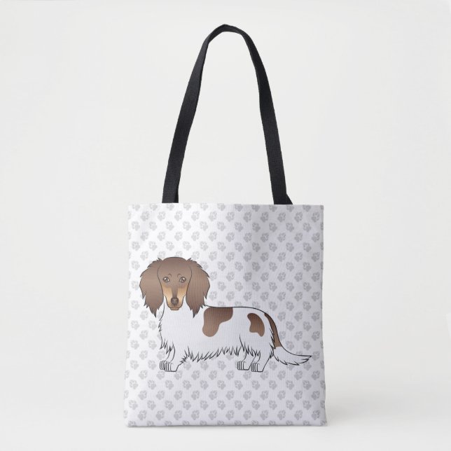 Bolsa Tote Chocolate & Tan Piebald Dachshund de Pelo Longo &  (Frente)