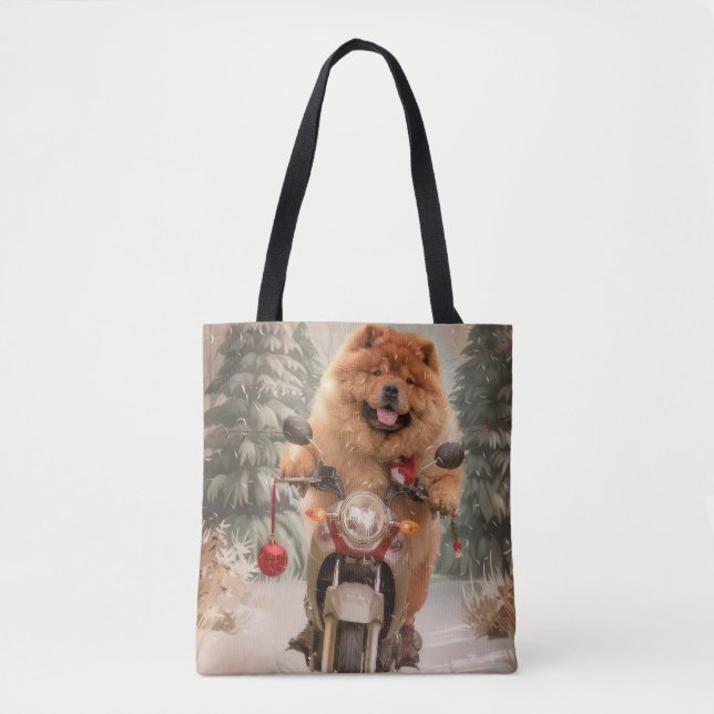 Bolsa Tote Chow Chow Dog Andando na Moto Natal (Frente)