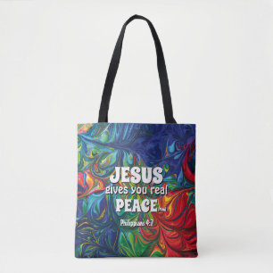 Bolsa Tote Christian JESUS DÁ VERDADEIRA PEACE Abstrato Azul