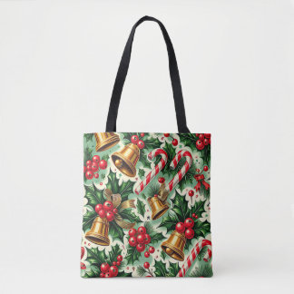 Bolsa Tote Christmas Bells holly candy canes art pattern