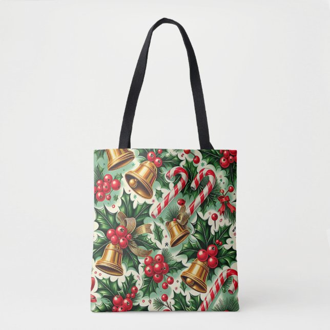 Bolsa Tote Christmas Bells holly candy canes art pattern (Frente)