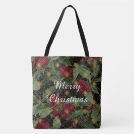 Bolsa Tote Christmas Flowers Pattern,Gold Red Green Black