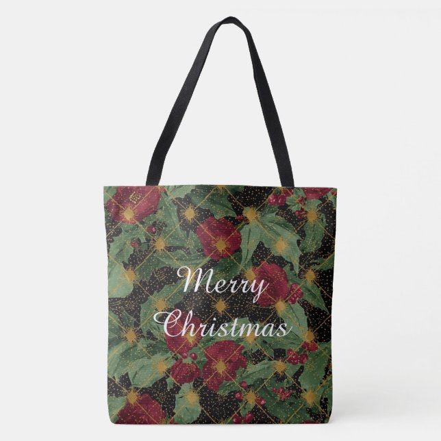 Bolsa Tote Christmas Flowers Pattern,Gold Red Green Black (Frente)
