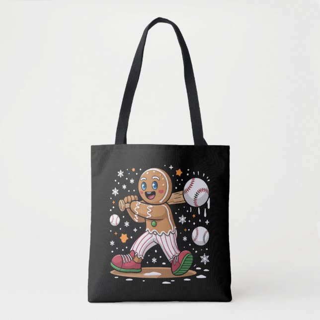 Bolsa Tote Christmas Gingerbread Man Sports Player Baseball  (Frente)