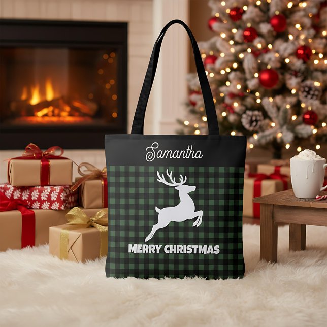 Bolsa Tote Christmas Green & Black Plaid Reindeer Custom Name (Criador carregado)
