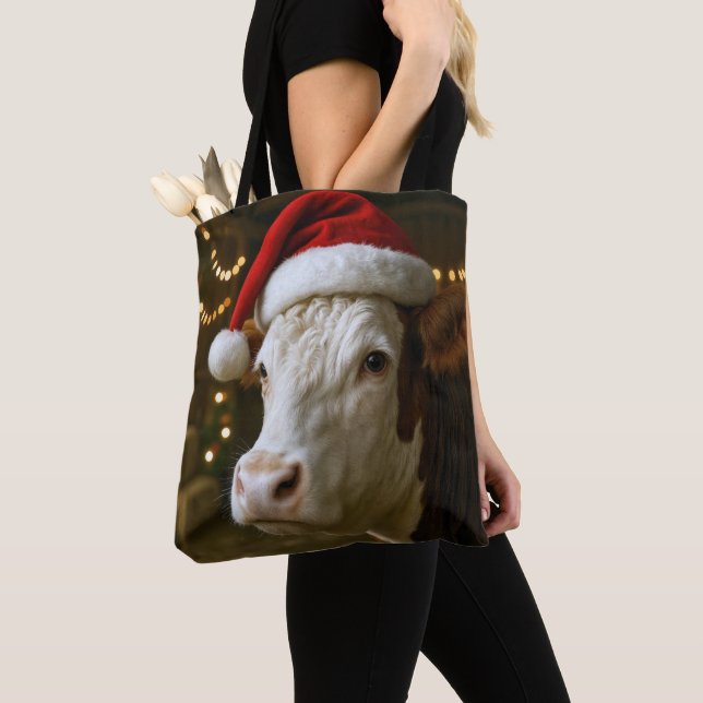 Bolsa Tote Christmas Hereford Cow Wearing a Santa Hat (Close Up)