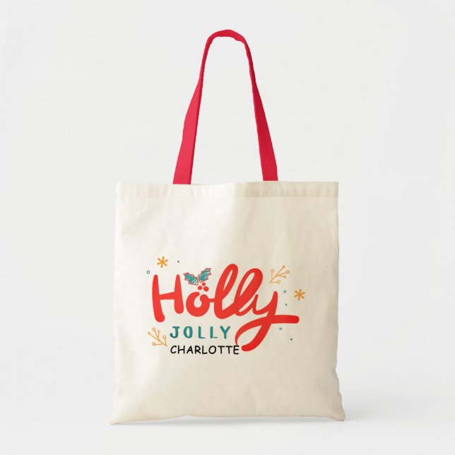 Bolsa Tote Christmas Holly Jolly Fun Winter Personalization N (Frente)