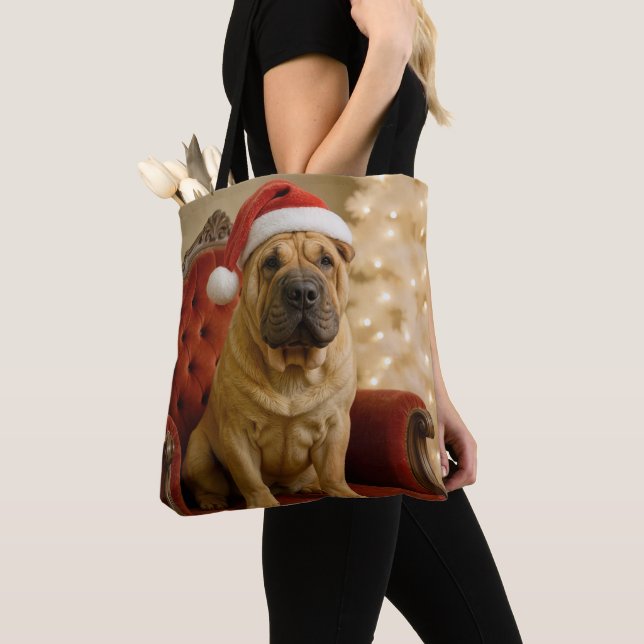 Bolsa Tote Christmas Shar-Pei Dog With Santa Hat (Close Up)