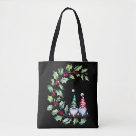 Bolsa Tote Christmas Watercolor Gnomes Sitting On Holly Twig