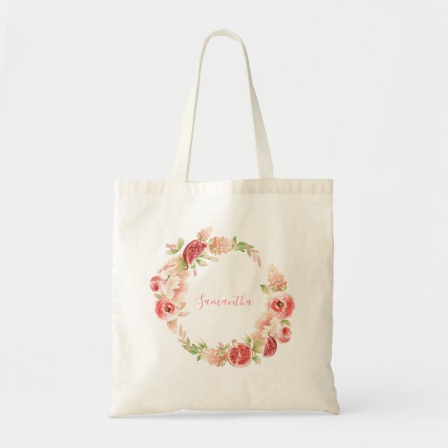 Bolsa Tote Chuva de Bebê Menina com Greenery e Rosa Floral (Frente)