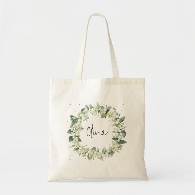 Bolsa Tote Chuva de Noiva/Casamento de Snowberry+Eucalipto (Frente)