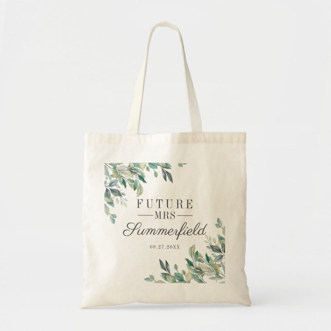 Bolsa Tote Chuva de Noiva Future Mrs Eucalipto Script (Frente)