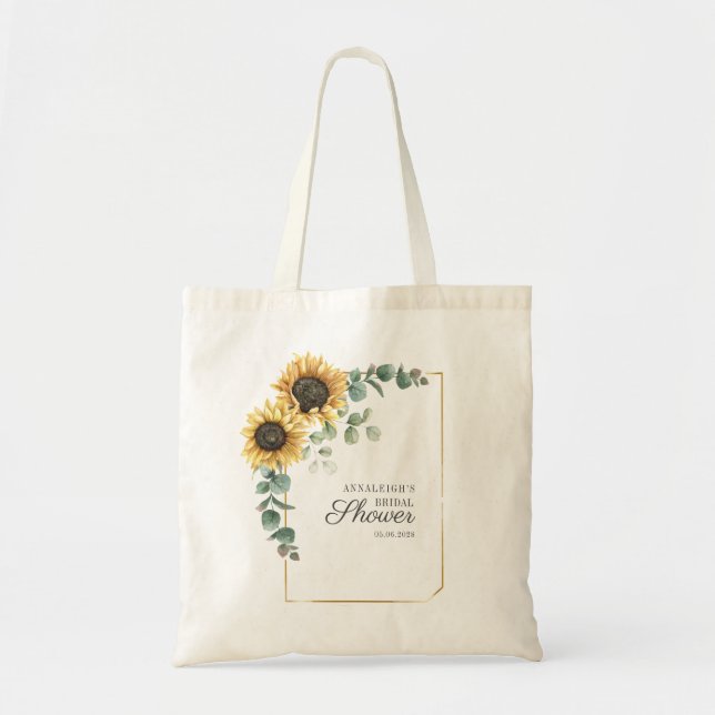 Bolsa Tote Chuva de Noiva Rótulo Folhas de Eucalipto Girassol (Frente)