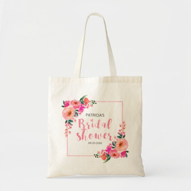 Bolsa Tote Chuva de Noiva Rústica Floral Rosa Aquarela (Frente)